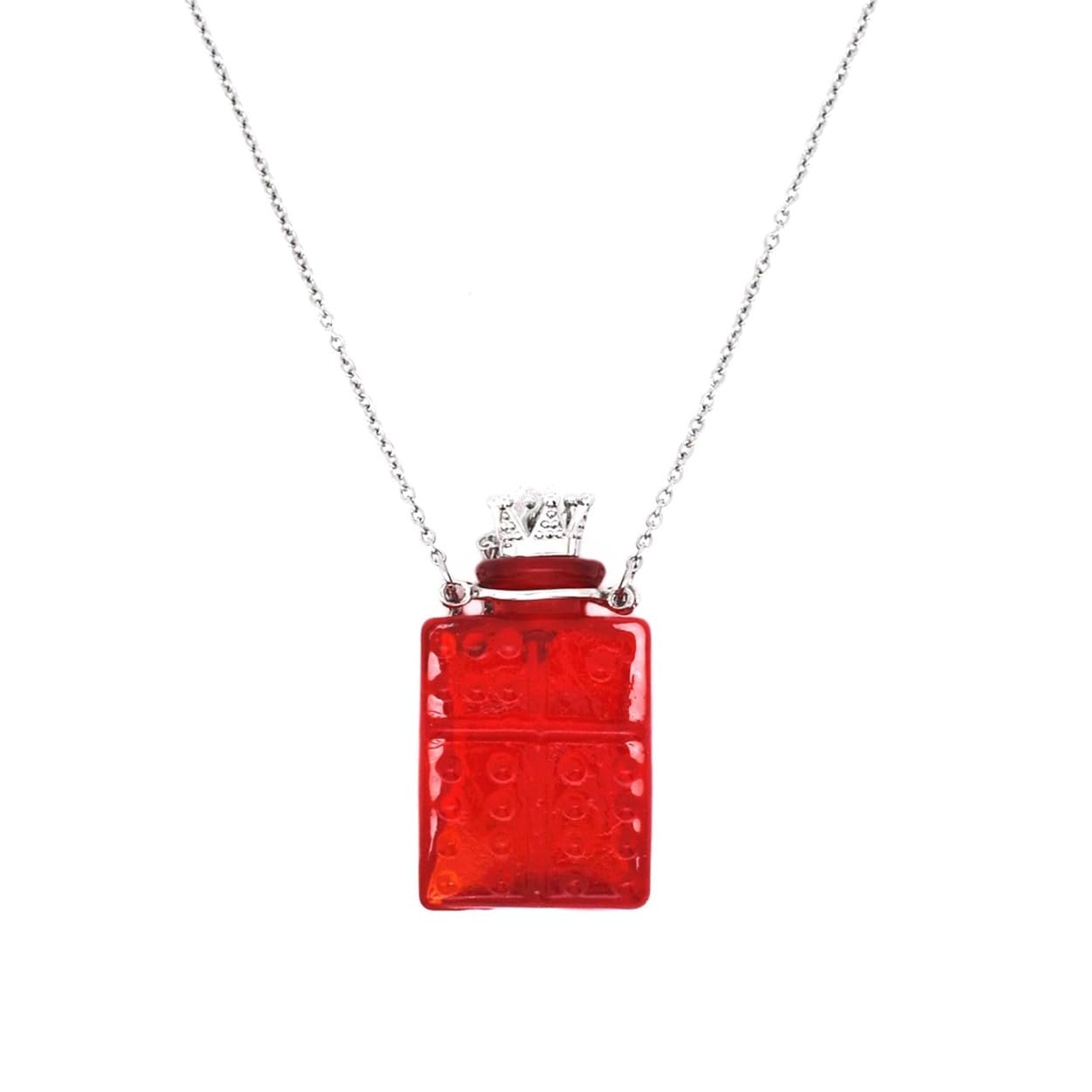 Handcrafted Glaze Glass Square Refillable Essential Oil Necklace Pendant - Aromatherapy Perfume Diffuser Pendant with Stainless Steel Chain (Red)
