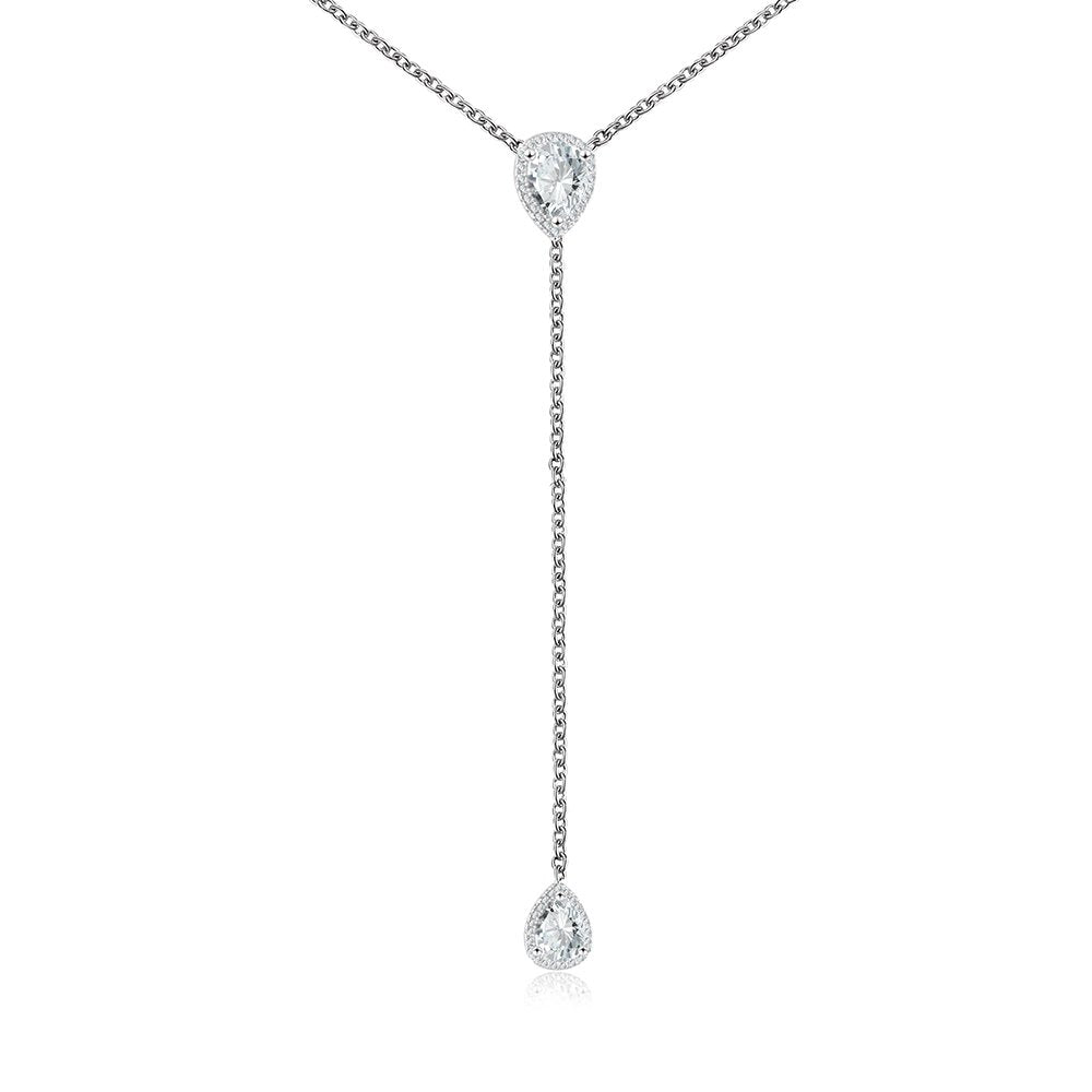CZ Pear Drop Lariat Necklace 16" with 2.75" Y Drop Adjustable, 14K Rose Gold Finish