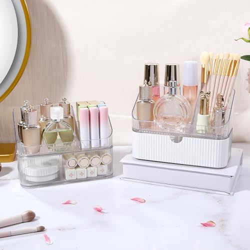 DASITON Makeup Organizer with Drawers, 2 Tier Stackable Organizer for Cosmetics, Skincare, Lipsticks, Makeup Brush, Acrylic Small Makeup Organizers for Vanity Bathroom Countertop Desk Storage (White)