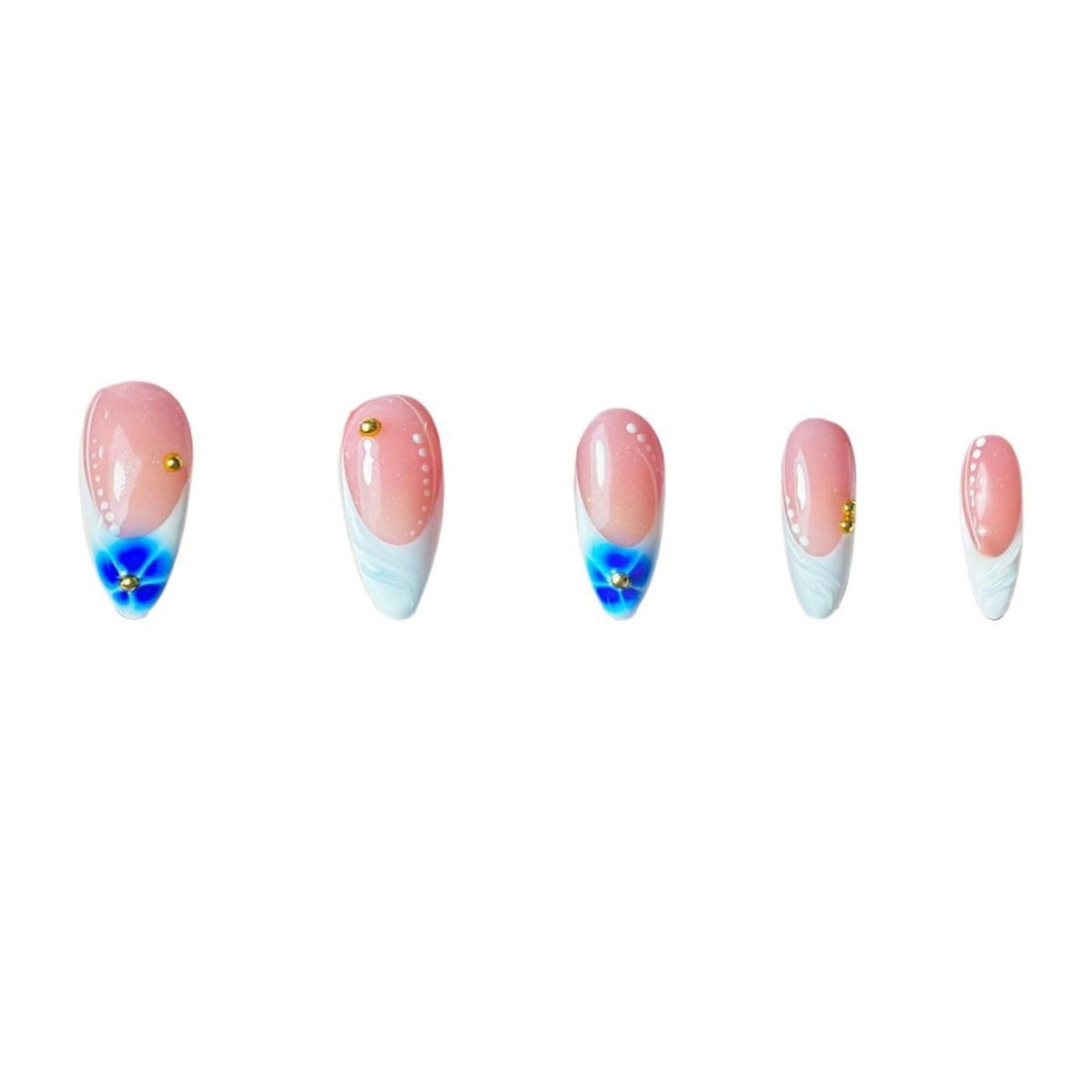 Medium Press on Nails Almond Fake Nails BlueFalse Nails French Artificial Nails with Floral Designs Summer Handmade Nails Stick on Nails for Women 24pcs