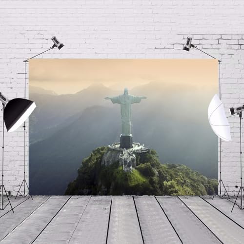 10x8ft Christ The Redeemer Backdrop Famous Place in Rio de Janeiro Brazil Historical Architecture Photography Background Holiday Vacation Travel Party Decorations Photo Studio Props - size: 10x8ft