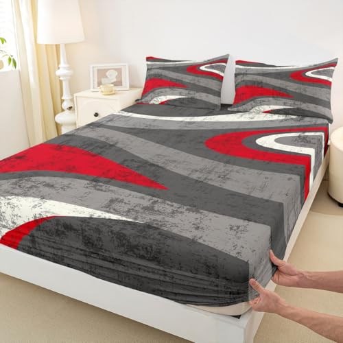 Red and Gray Bed Sheet Set Modern Abstract Art Fitted Sheet for Kids Boys Girls Teens Retro Circle Bedding Set Swirl Bed Cover 2Pcs with 1 Pillow Case Twin Size - color: Multi Aa04, size: Twin