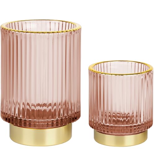 Makeup Brush holder Organizer, Crystal Glass Toothbrush Holders, Striped Make Up Brush Holder for Vanity, Pen Holder for Desk, Vase -Pink (S+L) - color: Pink