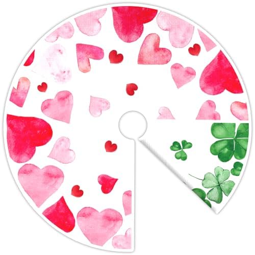 Double-Sided St. Patrick's Day/Happy Valentines Tree Skirt 36In Short Plush Lucky Shamrock Love Heart Tree Mat Festive Watercolor Style Mat for Home Office Tabletop Tree Spring Holiday Decor