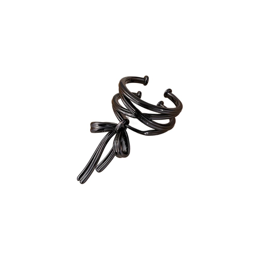 Dainty Bow Ribbon Open Ring for Women, Charm Adjustable Stackable Band Statement Jewelry Black