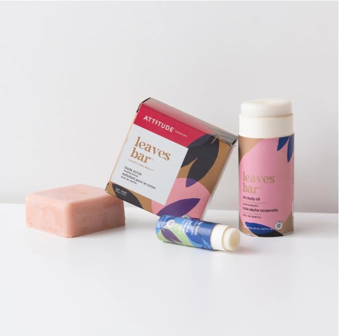 Bundle of ATTITUDE, EWG Verified, Plastic-free, Vegan, Body Scrub Bar, Sandalwood, 4 Oz + Lip Balm, Unscented, 0.3 Oz + Dry Body Oil, Sandalwood, 2.87 Fl Oz