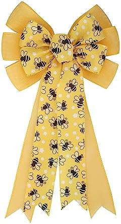 Meseey Large Yellow Bumble Bee Burlap Bow Black and Yellow Honey Bee and Floral Wreaths Bows for Gift Wrapping Tree Topper Front Door Party Home Decorations (Bee) (Y-Bumblebee)