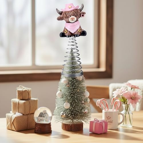 Gejoy Western Cowgirl Highland Cow Miniature Tree Topper, 5.1 Inches Mini Resin Calf Figurine with Pink Cowboy Hat & Bandana, Cute Cowgirl Cow Lovers Gifts for Western Farmhouse Home Office Decor