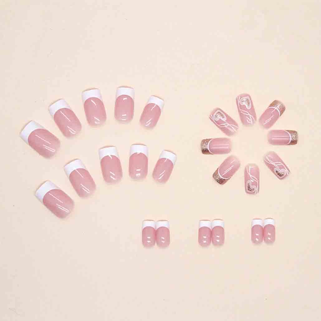 Foccna French Tip Press on Nails Medium LOVE Fake Nails Square Bling Glossy White False Nail Tips Artificial Finger Manicure for Women and Girls,24pcs