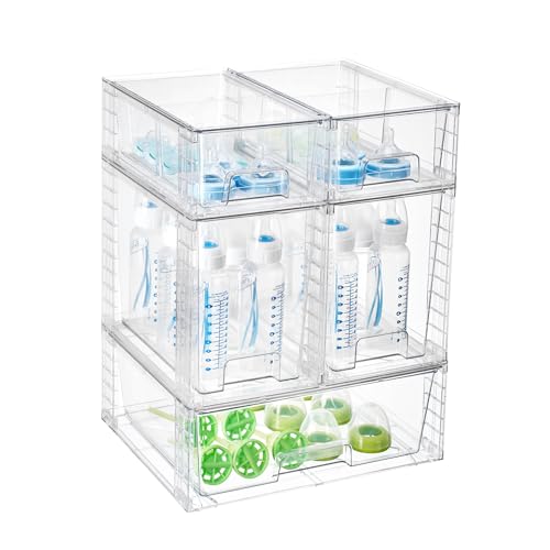 Vtopmart 6 Pack Clear Stackable Storage Drawers,Easy to Assemble Baby Bottle with handles,Plastic Drawers for Kitchen Pantry,Cabinet,Under Sink Organization - style: 1 Wide+2Large+2 Small