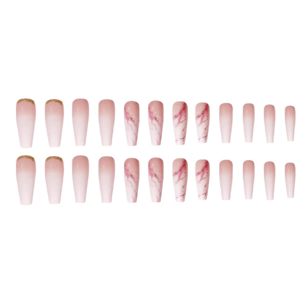 YoYoee Nude Press On Nails Coffin Long Fake Nails Acrylic Gradient False Nails Marble Full Cover Stick On Nails for Women and Girls (24 PCS)