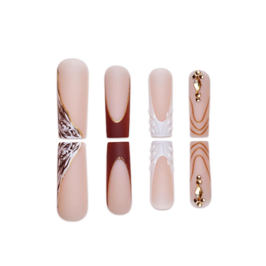Long Square Press on Nails French Tip Fake Nails Brown Fall False Nails Press ons Gold Line Acrylic Nails Matte Finish Stick on Nails for Women Manicure 24Pcs
