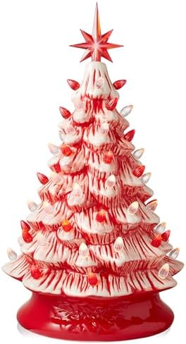 Casafield Hand Painted Ceramic Christmas Tree, Red and White Peppermint 15-Inch Pre-Lit Tree with 128 Red and Clear Lights, 2 Star Toppers