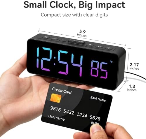 Netzu 2-in-1 Digital Alarm Clocks for Living Room Bedroom | Small Clock with Temperature & Time Display - RGB Display, 4 Levels & off Birghtness, 3 Volumes, Plug-in Use, Compact, Snooze