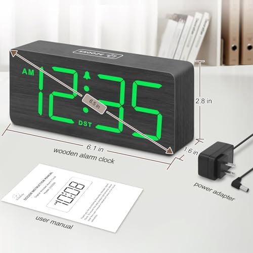DreamSky Wooden Digital Alarm Clock for Bedroom with Large Numbers | Desk Clocks for Living Room Office, Loud Alarm for Heavy Sleepers Adults, Volume Control, Dimmer, DST, Wood Decor (Plug-in)
