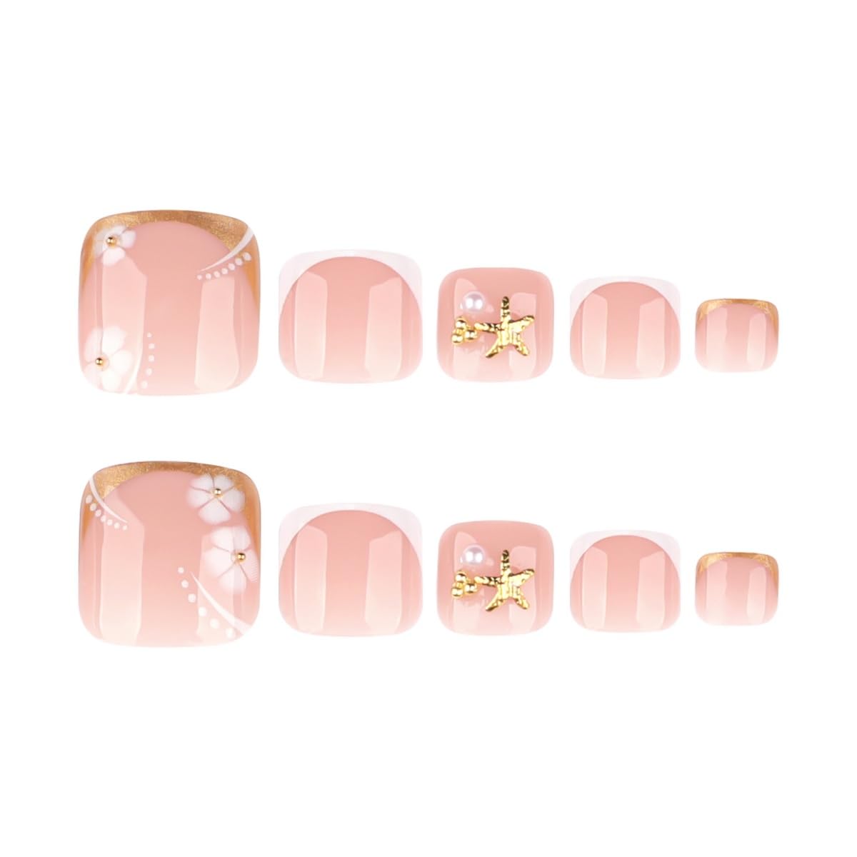 PEPFTG Flower Press on Toenails Short Square Fake Toenails with Floral Starfish Design Gold False Toenails Glossy Summer Acrylic Glue on Toenail for Women Nails Art Decoration 24Pcs