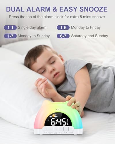 Kids Alarm Clock, Wake Up Clock with 11 Colors Night Light, Toddlers Sleep Training Clocks with 10 Ringtones, Brightness Adjustment, Dual Alarms Plug in OK to Wake Clocks for Girls Boys