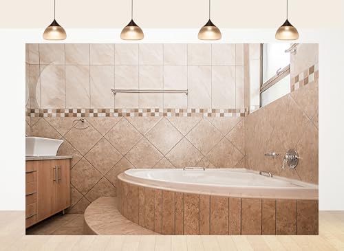 10x7ft Fabric Beige Tile Bathroom Backdrop Curved Bathtub Warm Neutral Tones Background Spa Shooting Theme Party Decorations Wall Tapestry Photo Studio Props - size: 10X7ft