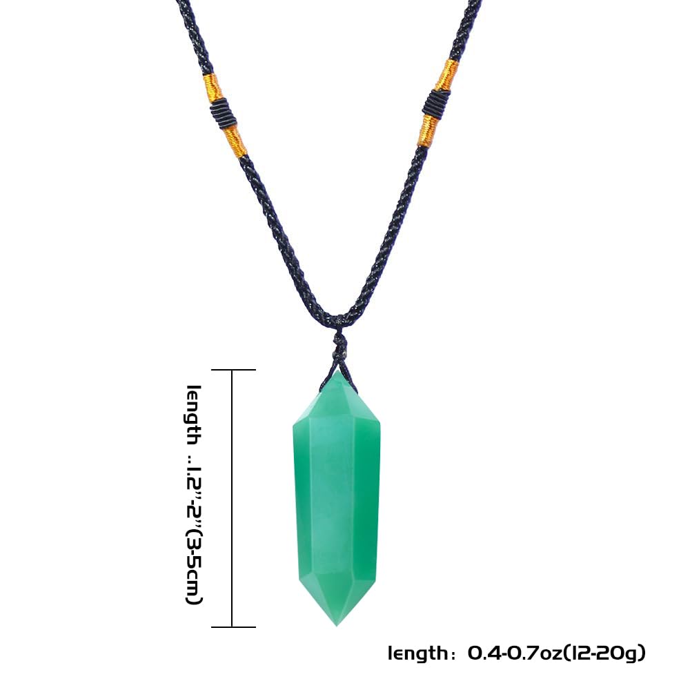 Runyangshi Green Aventurine Healing Crystal Pendants, Double Pointed Natural Crystal Quartz Necklace 6 Faceted Chakra Crystal Wand Stone