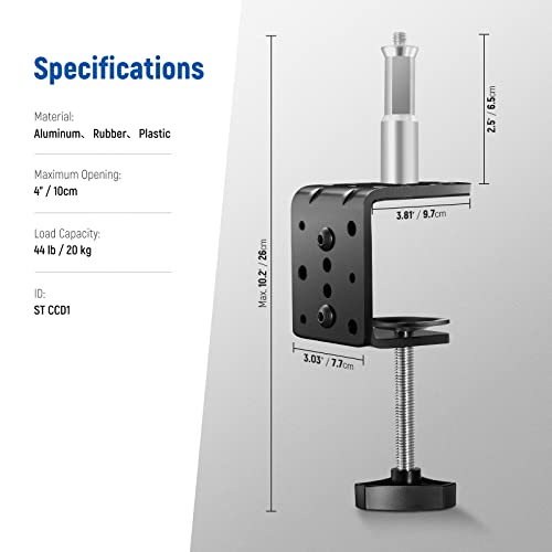 NEEWER Heavy Duty C Clamp with Mounting Column for Light Stand, Adjustable Metal Desk Clamp with 1/4" 3/8" Screws for Ring Light LED Video Light Camera, Max Load 44lb/20kg, ST-CCD1