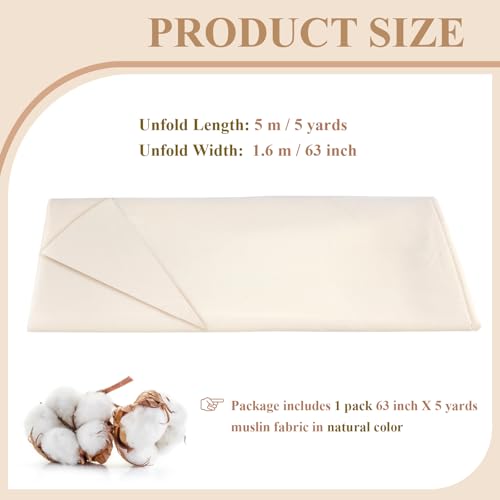 PEASUG 100% Cotton Muslin Fabric, 63 Inch X 5 Yards Unbleached Muslin Fabric By The Yard, Medium Weight Draping Fabrics Suitable for Sewing Embroidery, Garments, Crafts Material-Natural - color: Natural Unbleached, size: 5 Yards