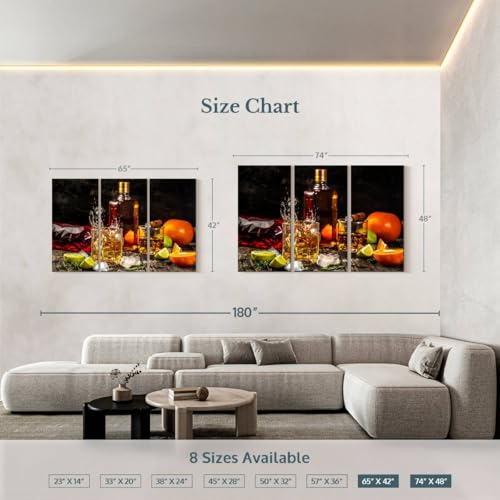 ElephantStock - Citrus Whiskey And Cigar Wall Art - Horizontal Multi Panel Canvas - 3 Piece Living Room Wall Decor - Photography Food And Drink Multi Piece Wall Art - Brown And Gray Decor - 65" x 42" - size: 65L" x 42W"