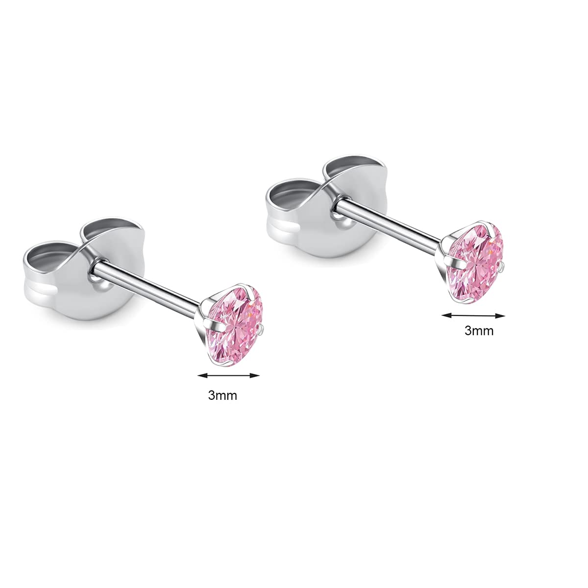 1 Pair Implant Grade Titanium Stud Earrings Set Hypoallergenic 3mm 4mm 5mm 6mm Cubic Zirconia G23 Titanium Earring Studs for Women Men for Sensitive Ear (3mm pink)