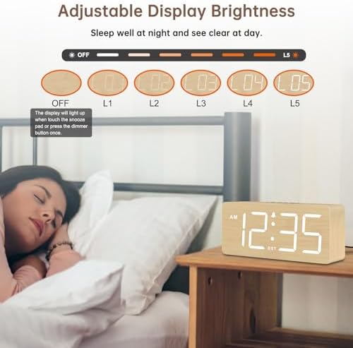 DreamSky Wooden Digital Alarm Clock for Bedroom with Large Numbers | Desk Clock for Living Room Office, Loud Alarm for Heavy Sleepers Adults, Volume Control, Dimmer, DST, Wood Decor (Plug-in)