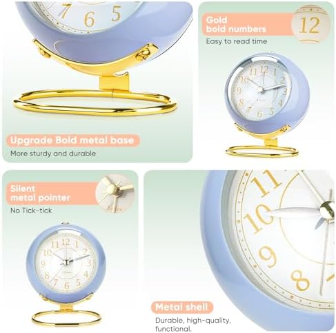 Analog Alarm Clocks,Retro Backlight Cute Simple design Small desk Clock With Night Light,Silent Non-Ticking,Battery Powered,For Kids,teens,Bedroom,travel,kitchen,Bedside Desk decor. (Retro Blue)