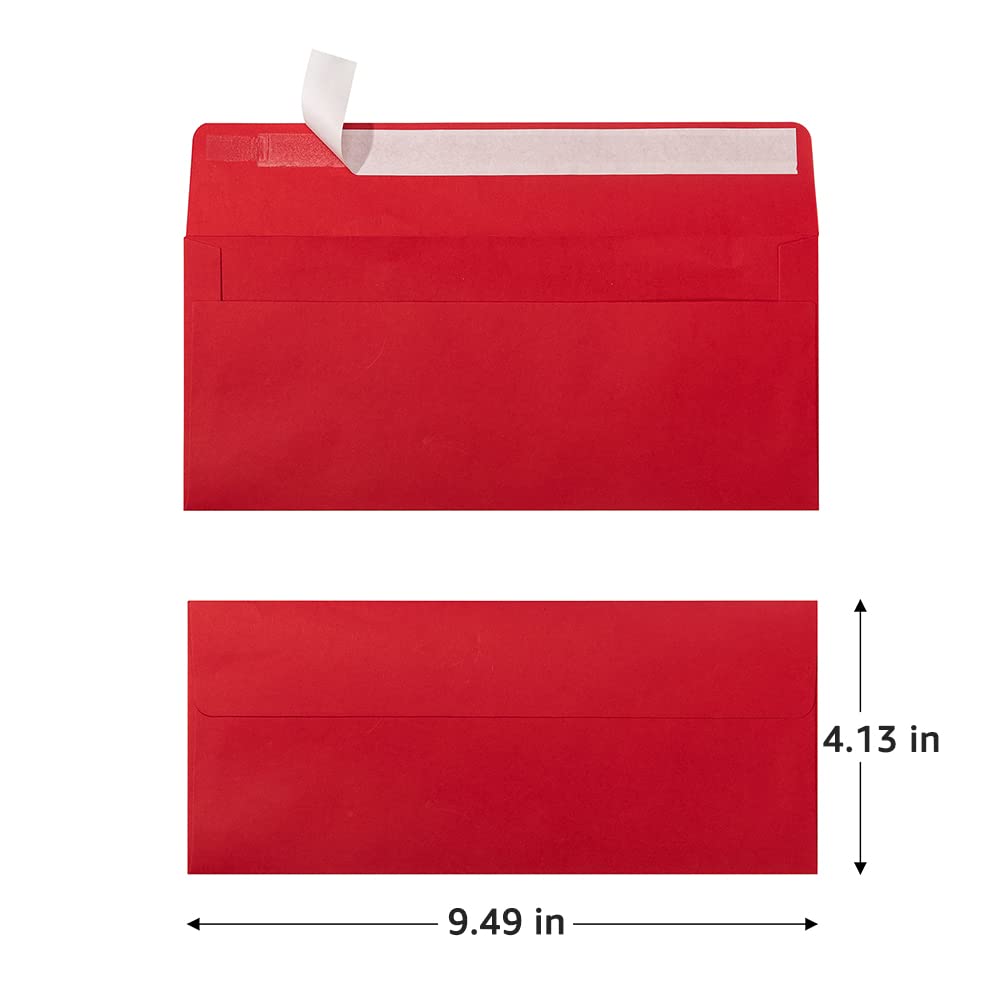 100 Pack Colorful #10 Business Envelopes Self Seal Standard Envelopes for Office Checks, Business, Letter Mailing Invoices, 4.13 x 9.49 Inches (Red)