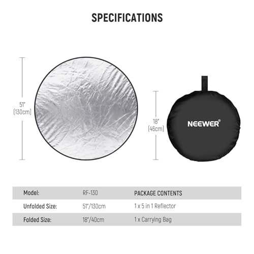 NEEWER 51 Inch/130 Centimeter Light Reflector Diffuser 5 in 1 Collapsible Multi Disc with Bag - Translucent, Silver, Gold, White, and Black for Studio Photography Lighting and Outdoor Lighting - size: 130cm