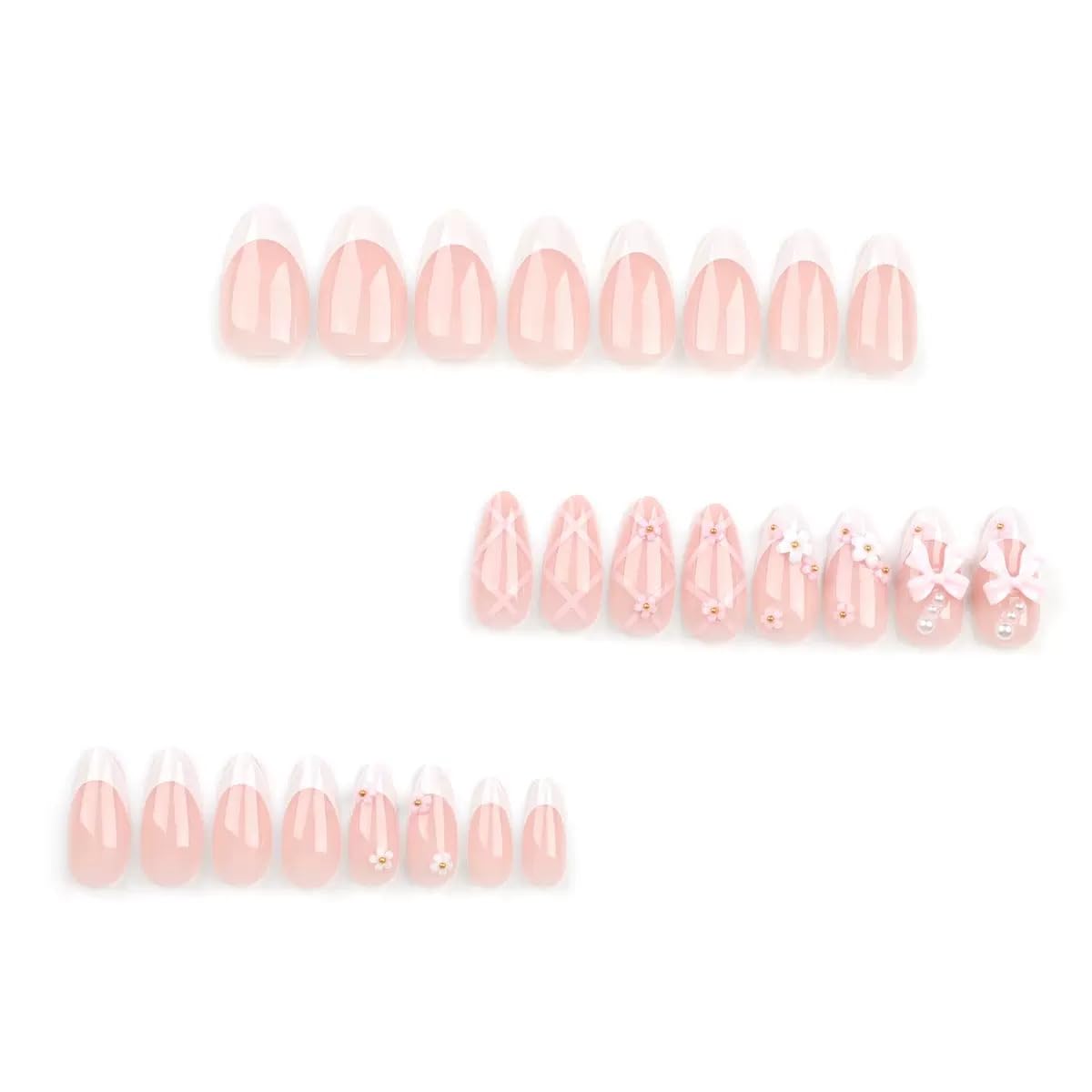 Almond Press on Nails Medium - White French Tip Fake Nails with Flower Bow Charms Design - Cute False Nails for Women 24 Pcs