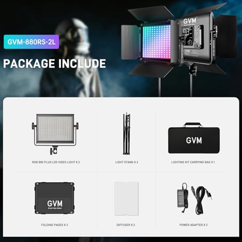GVM RGB LED Video Light with Bluetooth Control, 60W Photography Studio Lighting Kit with Stands, 2-Packs 880RS Dimmable Led Panel Light for YouTube, Streaming, Gaming, 8 Applicable Scenes, CRI97 - size: 2 Packs