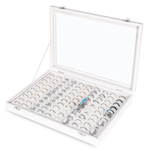 Frebeauty Ring Organizer Tray 100 Slots Ring Holder with Clear Lid Velvet Storage Box Jewelry Tray for Jewelry Store Earring Display Case for Jewelry Show Studs Box for Women(White) - color: White