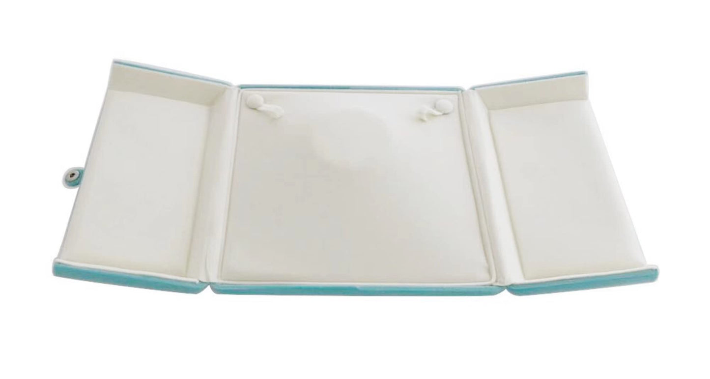 Aqua Teal Velvet Jewelry Box for Large Necklace Luxury Pearl Strand Presentation Case, Tri-Panel Flat Open Design, Button Clip Closure, Cream Velvet Interior, Gift Box for Wedding Birthday