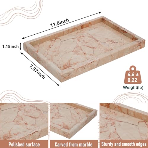 Marble Bathroom Tray,Pure Natural Vanity Tray,Marble Trays for Kitchen Counter Non-Ceramic/Non-Resin,Stone Tray 12 x 8 inch (Pink) ﻿ - color: Pink