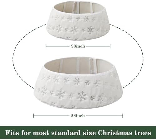 Faux Fur Christmas Tree Collar: Rustic White Luxury Plush Fur Christmas Tree Collars with Sliver Snowflake Sequins Pattern, Size Adjustable Farmhouse Modern Xmas Tree Skirt for Christmas Home Decor