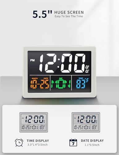 JALL Digital Clock with Date Day for Seniors, Electric Alarm Clocks for Bedrooms with Temperature, 2 Alarms, Dimmer, Dual USB Charger, Battery Backup, Volume Control, Snooze, Bedside Desk Clock, White