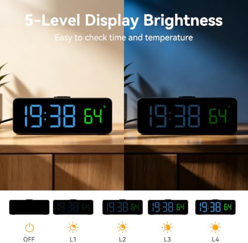 Netzu 2-in-1 Digital Alarm Clocks for Living Room Bedroom | Small Clock with Temperature & Time Display - RGB Display, 4 Levels & off Birghtness, 3 Volumes, Plug-in Use, Compact, Snooze