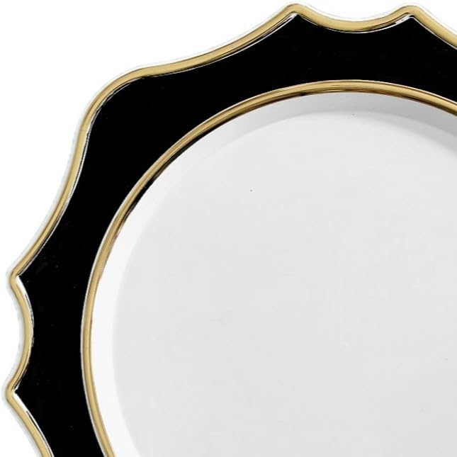 " OCCASIONS " 10 Pieces 13.25'' Scalloped Disposable/Reusable Plastic Charger Plates for Wedding, (Scalloped Imperial Black & Gold)