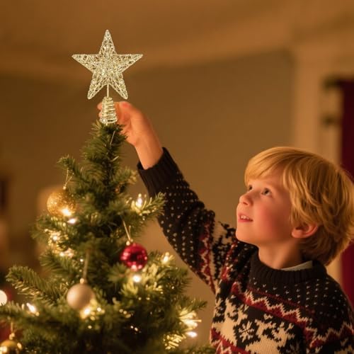 FOIMAS Christmas Star Tree Toppers, 5 Inch Gold Glitter Star Tree Topper Metal Hollow Treetop for Small Christmas Tree Indoor Party Home Decoration