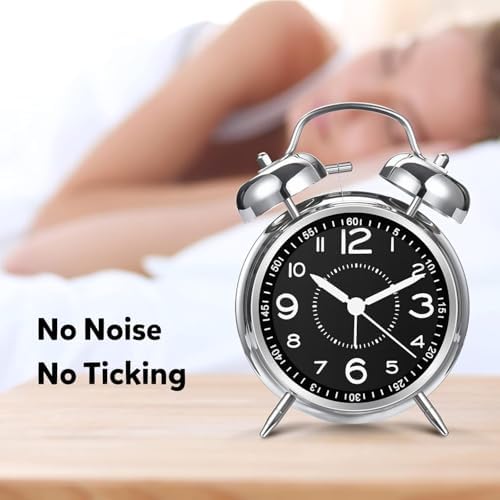Azyh Loud Alarm Clock for Heavy Sleepers Adults, Metal 4 Inches Twin Bell Battery Operated Alarm Clocks for Bedrooms Decoration, Silent Non-Ticking (Silver)