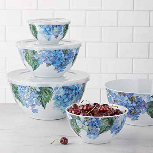 Amazon Basics Nesting Melamine Mixing Bowls with Lids and Non-Slip Base, 5 Sizes, Dishwasher Safe, BPA Free, Space Saving, Hydrangea Floral, Set of 10