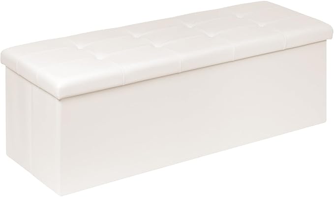 PINPLUS Folding Storage Ottoman Bench with Tray, 43.3inches Faux Leather Long Storage Chest Footrest Seat, Coffee Table, Foot of Bed Storage Bench for Living Room Bedroom, Beige