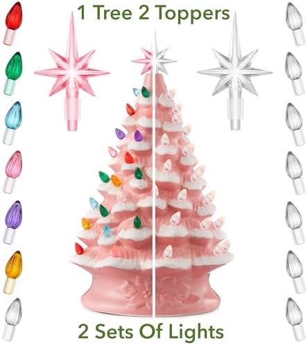 Casafield Hand Painted Ceramic Christmas Tree, Pink Snow Flocked 15-Inch Pre-Lit Tree with 128 Multi Color Lights and 2 Star Toppers