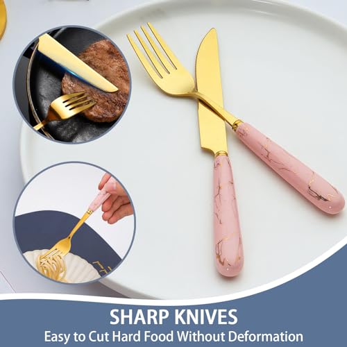 24 Pieces Flatware Set, Stainless Steel Cutlery Set with Silverware Holder, Modern Gold Silverware Set Includes Dinner Knives Forks Spoons,Hanging Silverware Set Service for 6 (Pink Gold) - color: Pink Gold