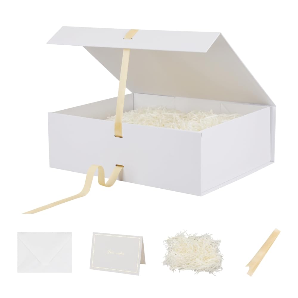 BoxSkivra Large White Gift Box with Ribbon 1 Pack 16.5X13X5.3 Inch Extra Large Gift Box with Lid Magnetic Closure Rectangle Collapsible Luxury Boxes for Wedding Dress、Shredded Paper Filler & Card