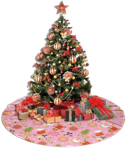 Cute Pink Christmas Cookies Tree Skirt 48 Inches Gingerbread Man Sugar Candy Cane Santa Claus Tree Skirts Xmas Mat Farmhouse Holiday Party New Year Supplies Ornaments Decorations