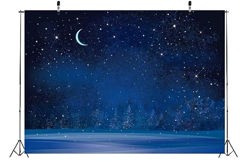 BELECO 12x8ft Fabric Winter Wonderland Night Snowfall Backdrop Blue Starry Sky Moon Stars Snowflakes Fir Trees Pine Forest Snow Scene Background Christmas New Year Party Decoration Photo Studio Props - size: 12x8FT
