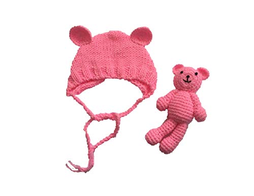 Newborn Baby Crochet Knit Costume Photography Prop Baby Bear Hat and Doll Set - color: Rose Pink
